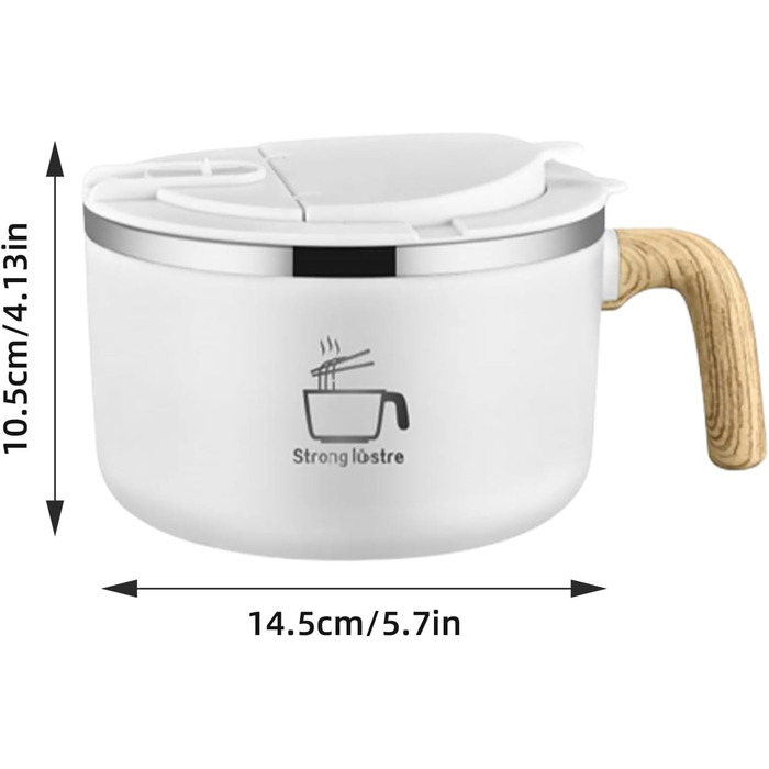 Велика чаша швидкого приготування з нержавіючої сталі 304 об&39ємом 1200 мл, чаша для рамену з кришкою та ложкою, для локшини, пасти, фруктів, салату з пасти та рису (біла)