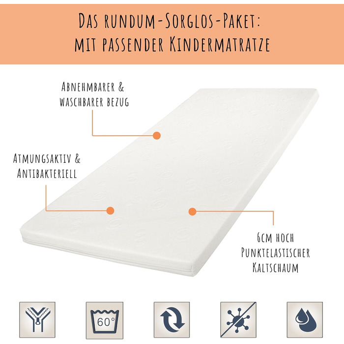 Дитяче/підліткове ліжко Kids Collective 80x160 90x200 см з матрацом та захисними поручнями вкл. рейкову основу та шухляду білого кольору Ліжко в скандинавському стилі для дівчаток та хлопчиків Вік від 3 до 10 років 80 x 160 см з матрацом та шухлядою