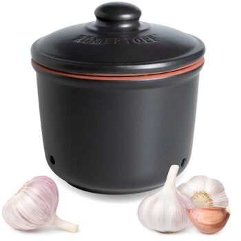 Літра - Керамічний горщик для часнику - Дихаюча глина довше зберігає овочі свіжими - Ідеальна циркуляція повітря - Чорний, 0,6