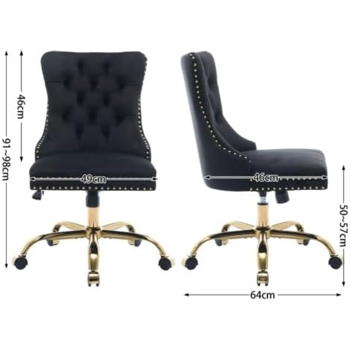 Крісло керівника з оксамиту із золотою основою французький дизайн, високе офісне крісло з оксамитовою оббивкою, регульоване по висоті та поворотне для елегантного домашнього офісу та будуару, чорне, 98 см (В) x 50 см (Ш) x 63 см (Г)