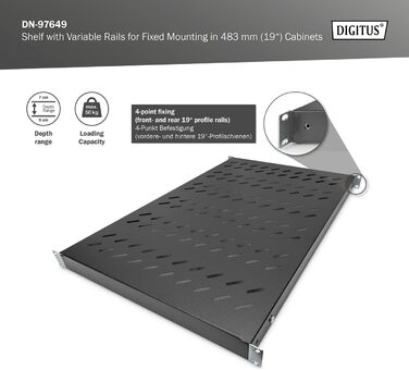 Полиця - Змінна глибина - Для стаціонарного встановлення - 19 дюймів - 1U - Вантажопідйомність 50 кг - Для мережевих шаф та серверних стійок - Глибина шафи від 1000 мм - Чорний колір Глибина шафи 708 мм Чорний колір, 97649 -