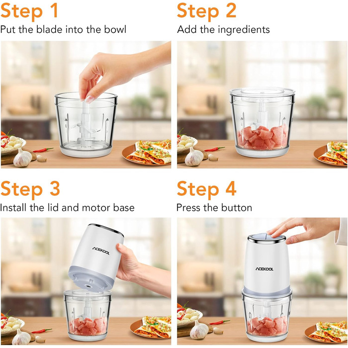 Кухонний електричний подрібнювач Acekool, мультиподрібнювач цибулі потужністю 300 Вт зі скляним контейнером 600 мл, подрібнювач овочів, електричний блендер, мультиподрібнювач - 2 рівня швидкості - BC7