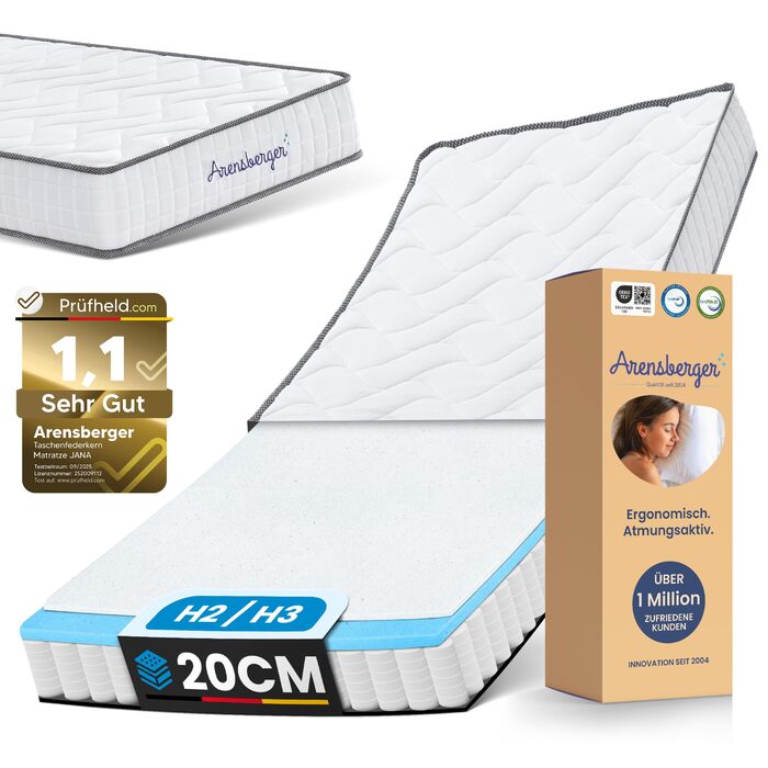 Матрац Arensberger JANA 120x200 см Матрац з пружинами кишенькової конструкції 20 см з 2 см гелевої піни NANOCELL 7-зонний рівень жорсткості H3 Матрац з точково-еластичними пружинами, що згортається Сертифіковано Oeko-Tex 120 x 200 см ACTIVE