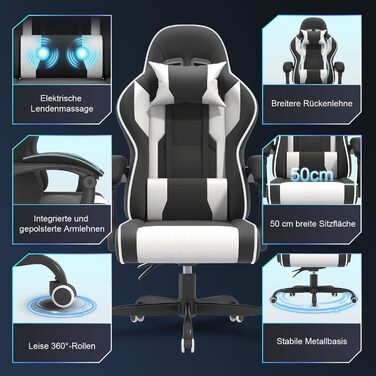 Ігрове крісло JUMMICO з функцією масажу, ергономічне офісне крісло 150 кг, ігрове крісло з надширокою подушкою сидіння 50 см, біле