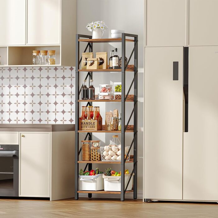 Книжкова полиця HOOBRO, стояча полиця, полиця-драбина, окремостояча вузька полиця, офісна полиця, 6 ярусів, відкриті полиці, для вітальні, спальні, офісу, кухні, рустикальний коричневий та чорний EBF72SJ01 42 x 28 x 161,5 см Рустикальний коричневий чорний