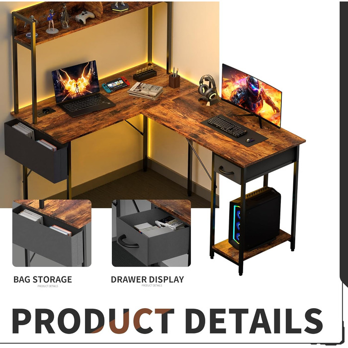 Г-подібний стіл Yansee, ігровий стіл зі світлодіодним підсвічуванням, 140110 см, двосторонній Г-подібний стіл з подовжувачем, кутовий стіл з полицею, коричневий