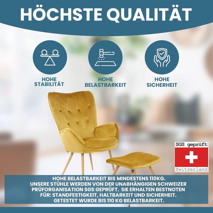 Крісло-гойдалка ALBATROS York з підніжкою Зручне оксамитове крісло та крісло-реклайнер золотого кольору Вінтажне крісло для читання та крісло-ліжко для вітальні Сертифіковане крісло для відпочинку SGS