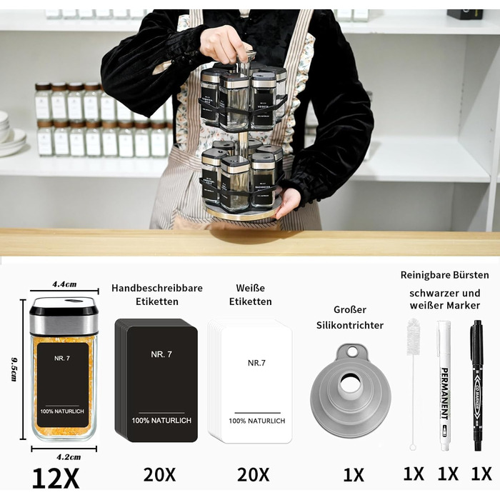 Обертова підставка для спецій з 2 ярусами та 12 баночками для спецій по 120 мл, розмір отвору у формі годинника на 360, карусель для спецій, що обертається на 360, підставка для спецій з нержавіючої сталі, органайзер для спецій для легкого доступу до спец