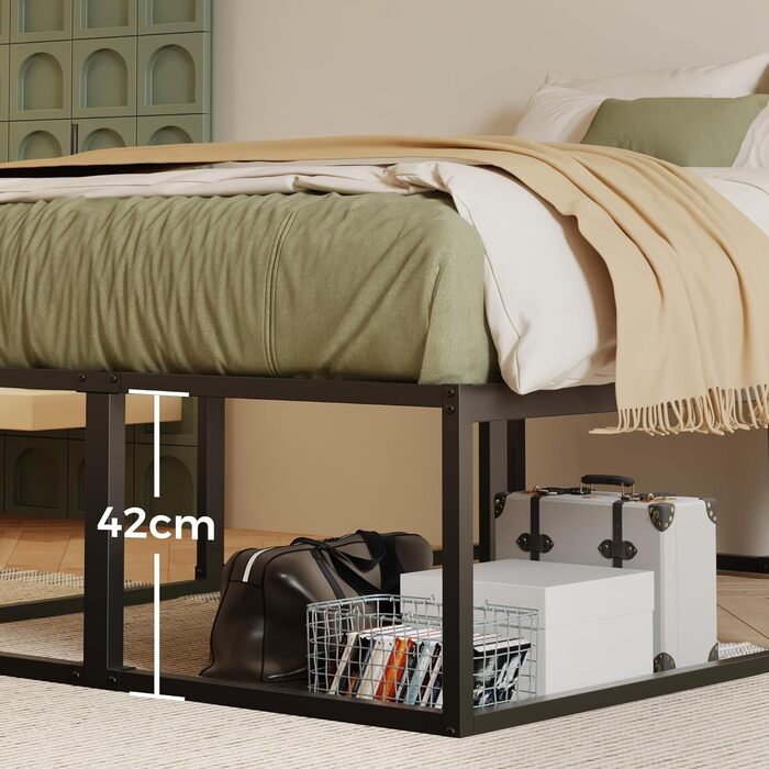 Двоспальне ліжко заввишки 46 см 120x200 см, міцне металеве ліжко зі сталевими ґратчастими опорами, великий простір для зберігання під каркасом ліжка, безшумне, легке складання, чорний колір 120 x 200 см