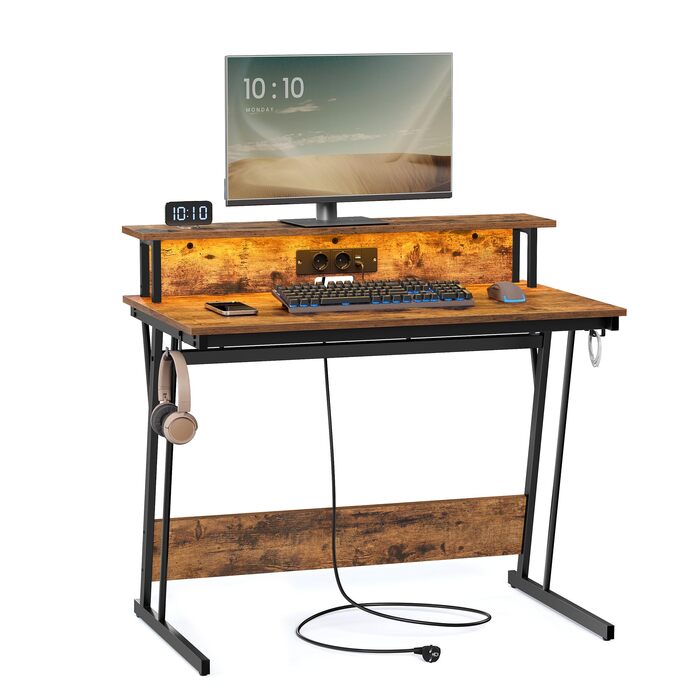 Ігровий стіл із вбудованим подовжувачем, Комп&39ютерний стіл, з підставкою для 2 моніторів, Спальня, 60 x 100 x 76 см, Вінтажний коричневий LWD191K01 100 x 60 см Вінтажний коричневий