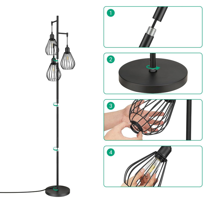 Торшер Вітальня 166см, Сучасний торшер з регулюванням яскравості, Промисловий торшер чорний зі світлодіодом E27 Лампочка, 3 абажура на клітку Металевий, для прикраси будинку Спальня, Подарунок