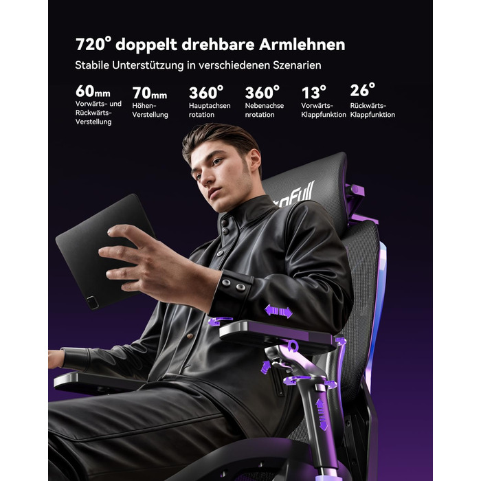 Ергономічне ігрове крісло AutoFull G7, ігрові крісла з динамічною поперековою підтримкою, поворотними підлокітниками на 720 по двох осях, нахилом спинки на 140 та подушкою для шиї 4D (лазерне) Laser Color