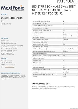 Світлодіодна стрічка Mextronic SCHMALE 5мм нейтрально-біла (4000K) 18Вт, 3 метри, 12В, IP20, CRI 92