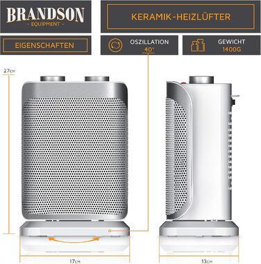 Енергозберігаючий, тихий вентилятор-обігрівач - 1500 Вт - 2 рівні потужності - Вентилятор-обігрівач для ванної кімнати - Плавне регулювання температури - Керамічний нагрівальний елемент - Термічний запобіжник - Нагрівач D Сріблястий / Білий