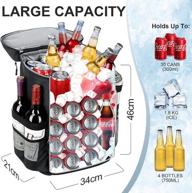 Рюкзак-холодильник Estarer 35L, рюкзак для пікніка, водонепроникний рюкзак з відкривачкою для пляшок для кемпінгу, походів та використання на пляжі, чорний