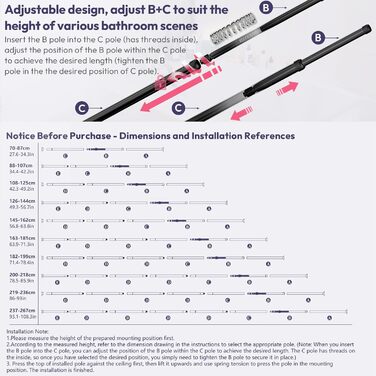 Кутова полиця для душу телескопічна SWTYMIKI - 4-ярусна, з мильницею, тримачем для зубних щіток та 4 гачками, регульована, з нержавіючої сталі, монтаж без свердління, 70-275 см, чорна