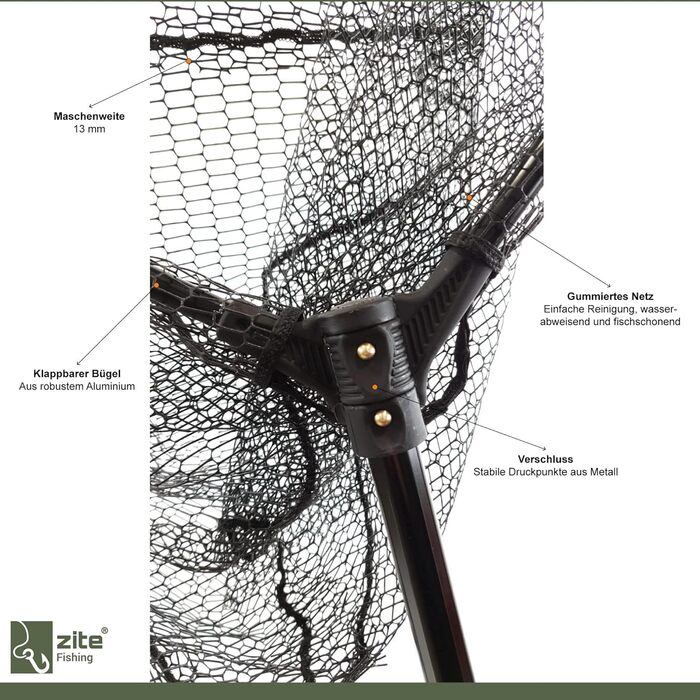 Великий гумовий підсак для човна Zite Fishing/Рибальська сітка Підсак для щуки та судака 70x85x85 см Гумований рибальський підсак, складний з мірною стрічкою - Гумова рибальська сітка для хижаків
