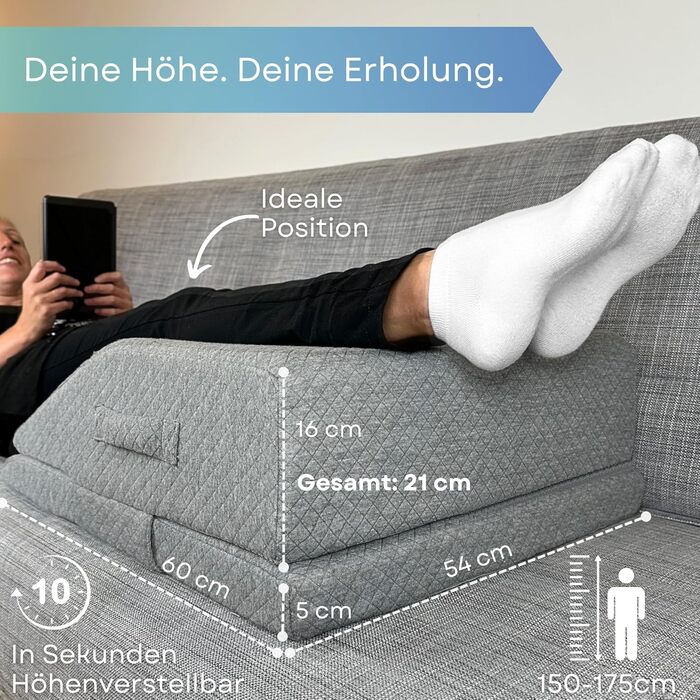 Регульована по висоті подушка для підняття ніг подушка для підняття ніг розмірів S-M та L-XL клиноподібна подушка з піною з ефектом памяті подушка для ніг для розслаблення та підтримки втомлених ніг клиноподібна подушка S-M