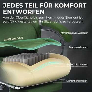 Ергономічне ігрове крісло Dowinx з масажною поперековою подушкою, регульованим по висоті підголівником, потовщеною подушкою сидіння, висувною підставкою для ніг, регульованими підлокітниками, велюр з мікрофібри, кут нахилу 155, зелене