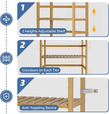 Рівнева книжкова полиця HITNET, полиця для ванної кімнати, висока окремостояча бамбукова полиця з регульованими полицями, полиця для дисплея та рослин для житлового простору, натуральний колір, 6-