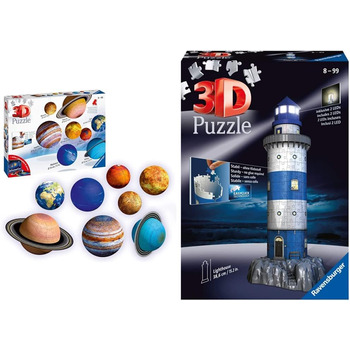 Планети як 3D Puzzle Balls - Сонячна система, яку можна побудувати самостійно і в якості прикраси - для всіх любителів космосу від 6 років - з інформативною онлайн брошурою (комплект з пазлом Маяк вночі), 3D Puzzle Planetary System 11668 -