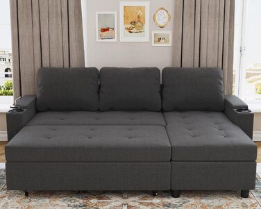 Кутовий диван Devoko зі сном та ящиком для зберігання речей, L-подібний диван, 3-місний розкладний диван-ліжко, лляна кушетка, невеликий розкладний диван для квартири та вітальні, темно-сірий, 200 см - L темно-сірий