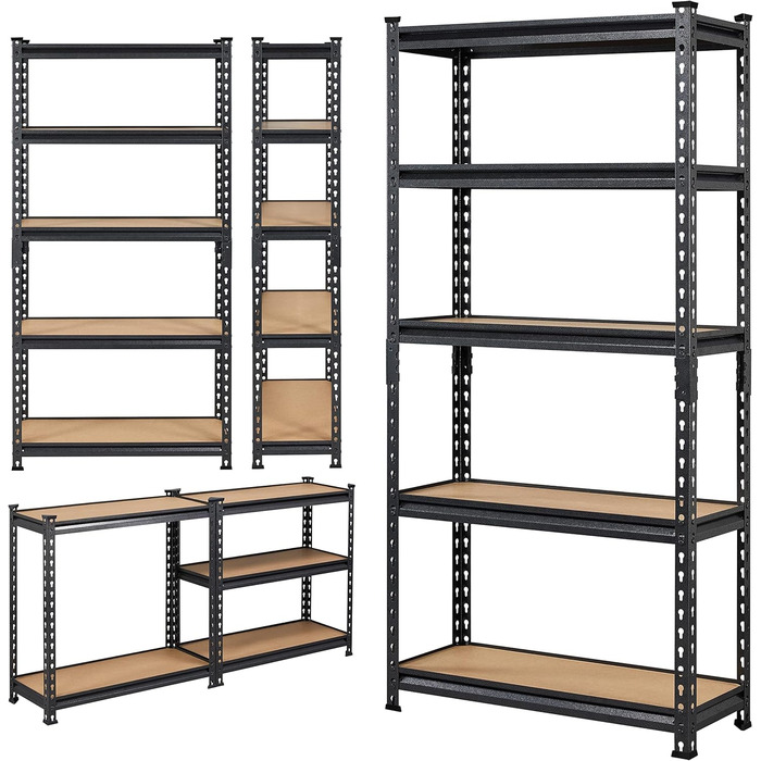 Ярусний стелаж для зберігання Yaheetech з регульованими полицями, міцний стелаж, підвальний стелаж, окремостоячий стелаж, стелаж без болтів, вантажопідйомність 175 кг на полицю, 75x30x153 см/чорний, 5-