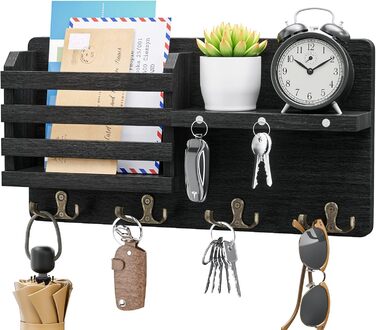 Ключниця - Ключниця на магніті, ключниця з 4 подвійними гачками для ключів, декоративна ключниця з дерев'яною поличкою для входу,