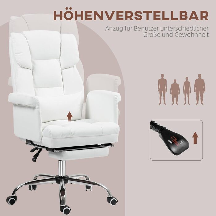 Офісний стілець HOMCOM Ергономічне робоче крісло з поперековою опорою, підлокітниками, підставкою для ніг, регульованим по висоті поворотним кріслом зі штучної шкіри, м&39яке комп&39ютерне крісло, білий колір