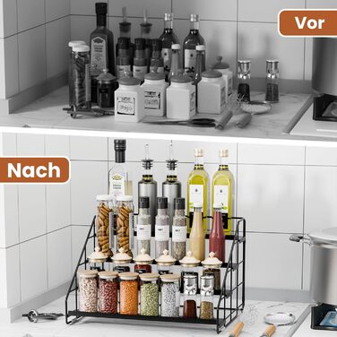 Рівнева стійка для спецій - регульована по висоті (2/3/4 рівні) та не потребує свердління - чорна металева стійка для спецій з S-подібними гачками та етикетками - органайзер для спецій для кухні, шафи, ванної кімнати, 1 упаковка, 4-