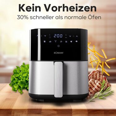 Фритюрниця Bomann XXL - фритюрниця 5 л Гаряче повітря для знежиреного смаження Мультипіч з нержавіючої сталі з цифровим сенсорним екраном Потік повітря на 360 Фритюрниця з 8 програмами FR 6069 H CB Чорний/Нержавіюча сталь *Модель 2024*