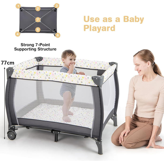 Складане дитяче ліжечко-манеж LIFEZEAL, тканина Оксфорд та ПП, багатофункціональне дитяче ліжечко з пеленальний столик для малюків 0-36 місяців, вантажопідйомність 15 кг (сірийбілий)