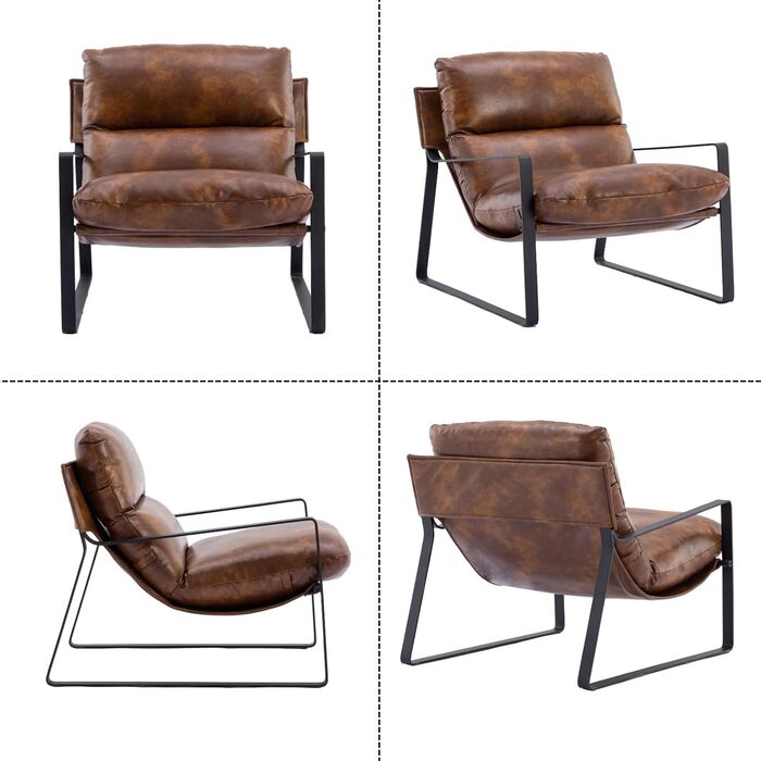 Крісло для вітальні, крісло для читання з підлокітниками, сучасне крісло для відпочинку з металевим каркасом, штучна шкіра, коричневий колір