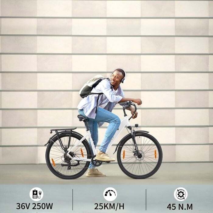 Дюймів, електричний велосипед для чоловіків та жінок з акумулятором 36 В 20 Аг та двигуном 250 Вт, запас ходу до 110 км, легкий алюмінієвий електровелосипед для щоденного використання та відпочинку, C3 White, 28