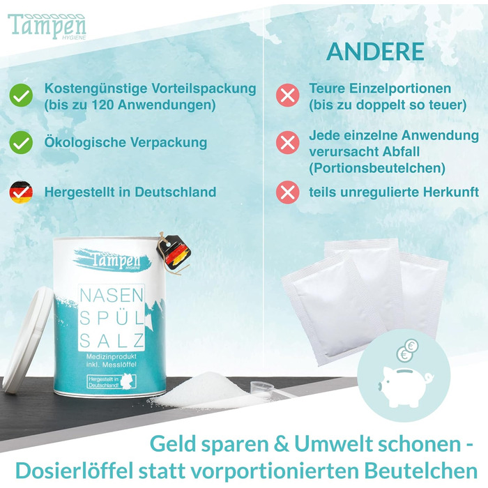 Набір для спринцювання носа 120 солей для промивання носа (300 г) Мірна ложка (1 г) 3 насадки для дорослих і дітей Гігієна Tampen