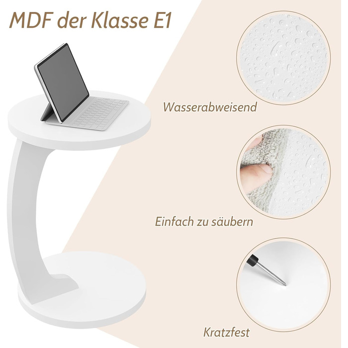Журнальний столик WOLTU C-подібної форми, круглий журнальний столик, столик для дивана, стіл для вітальні, приставний столик, маленький столик для дивана, дивана, ліжка, виготовлений з МДФ, 38xH55 см, білий, BTS20ws