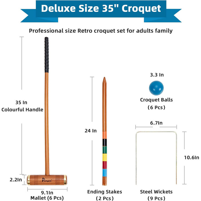 Набір для крокету Pointyard для 6 гравців, набір для крокету класу &quotлюкс&quot з дерев&39яними молотками, кольоровими м&39ячами, хвіртками та кілочками для дорослих/молоді/сім&39ї, ідеально підходить для газону/заднього двору/парку (включає сумку для п