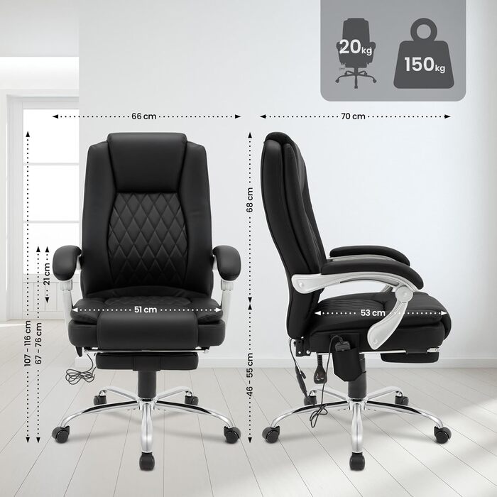 Ергономічне офісне крісло CLP з функцією масажу Rubia, письмове крісло з функцією підігріву та підставкою для ніг, поворотне крісло з регулюванням висоти до 150 кг, колір чорний
