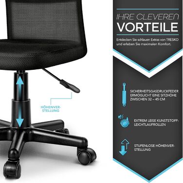 Офісний стілець TRESKO, стілець для роботи, обертовий стілець, доступний у 7 кольорах, з плавно хідними пластиковими колесами, плавне регулювання висоти, м&39яке сидіння, підйомний механізм, протестований SGS (чорний) Без підлокітників, чорний