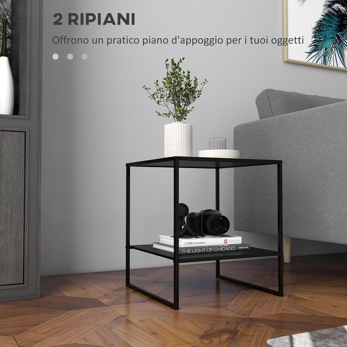Журнальний столик HOMCOM, квадратний стіл для вітальні з місцем для зберігання, 2 яруси, диван-столик у скандинавському стилі зі сталевим каркасом, бічний столик, тумбочка для вітальні/спальні, 40 x 40 x 45 см, чорний