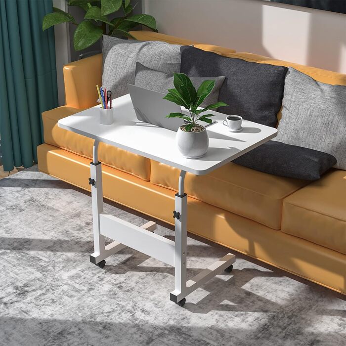 Стіл для ноутбука 60x40 см з колесами, регульована висота 69-90 см, письмовий стіл, комп&39ютерний стіл, мобільний стоячий стіл, столик над ліжком, поворотна стільниця на 360, бічний столик для дивана, білий 60x40 см C-white