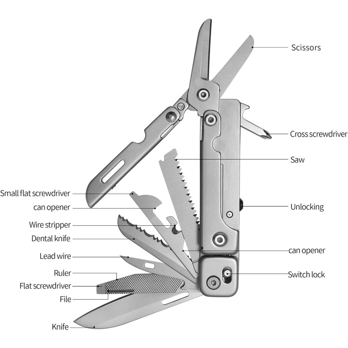 Багатофункціональний складаний ніж 13 в 1 з нержавіючої сталі з ножицями, пилкою, викруткою, консервним ножем для відпочинку на пр