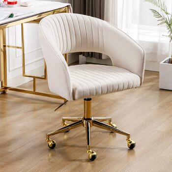 Офісний стілець з шенілу, ергономічне робоче крісло з підлокітниками, обертове крісло з колесами, туалетний стілець, регульована висота для домашнього офісу та офісу, бежевий