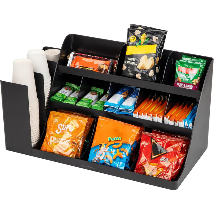 Настільний органайзер для кавових чашок та снеків Mind Reader з 14 відділеннями, 3 рівнями, 6,3 м Д x 3,1 м Ш x 3,1 м В, пластик, чорний колір