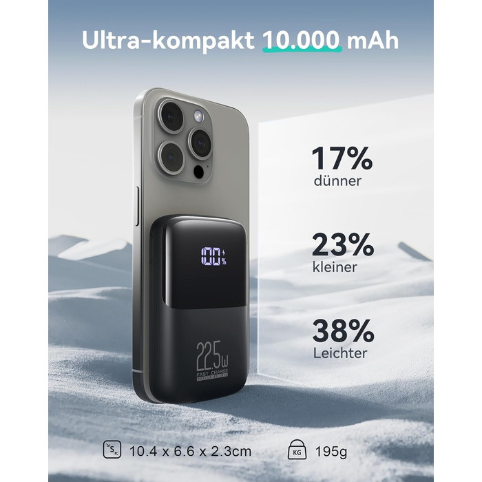 Вт швидка зарядка 10000mAh PowerBank маленький, але потужний, PD3.0 QC4.0 USB C вхід і вихід Зовнішній акумулятор мобільного телефону для iPhone 16 15 14 13 12 X Pro Max Mini Plus Samsung S23 AirPods iPad тощо чорний, 22,5