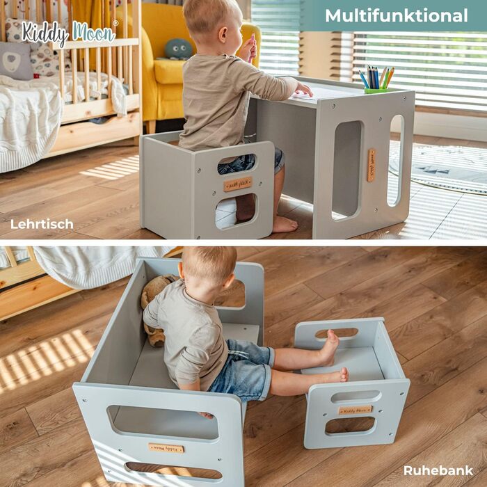 Дитячий стіл та стілець KiddyMoon із закругленими безпечними краями, Меблі для дитячої кімнати, Сірий. Стіл 644x44 см / Стілець 30x30x30 см, Сірий
