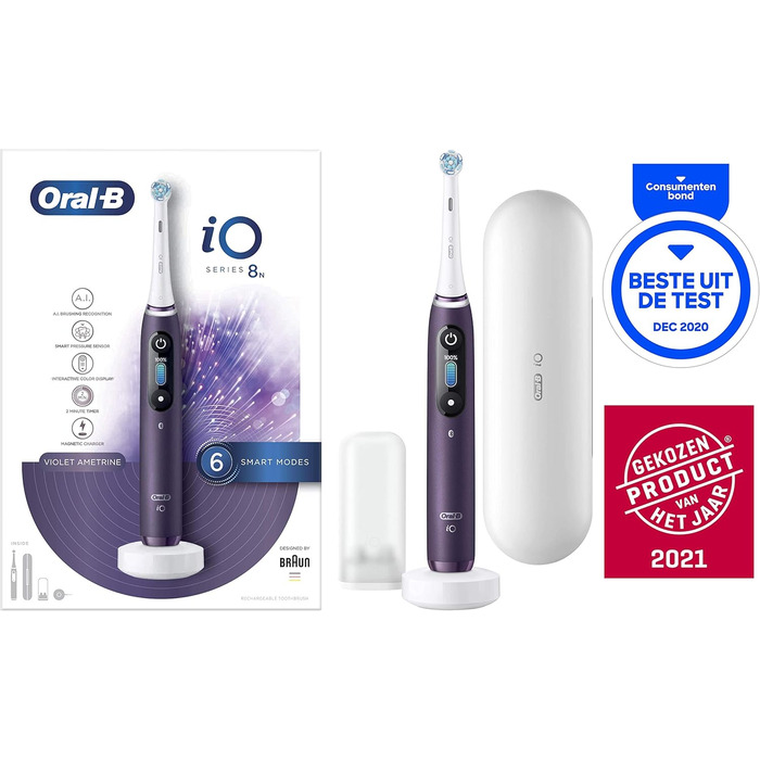 Електрична зубна щітка/електрична зубна щітка Oral-B iO Series 8, 6 режимів чищення для догляду за зубами, магнітна технологія, кольоровий дисплей і дорожній кейс, подарунок чоловіку/жінці, фіолетовий аметрін старий