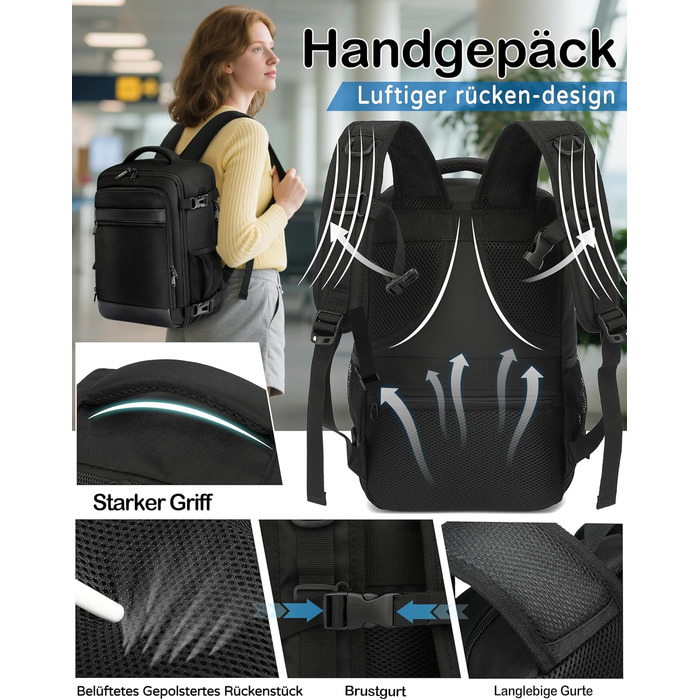 Рюкзак для ручної поклажі 40x20x25 для Ryanair, невеликий рюкзак для подорожей літаком, місткість 20 л, підходить для 14-дюймових ноутбуків, рюкзак Eurowings для жінок, чоловіків, підлітків, шкільний рюкзак, чорний, 402025 см-20 л, класичний чорний
