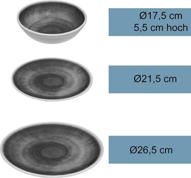 Набір меламінового посуду Jesolo Grey для 4 осіб, вигляд кераміки, можна мити в посудомийній машині, аксесуари для кемпінгу, посуд для каравану, посуд для фестивалів, посуд для пікніка, посуд для садової вечірки, 12 предметів