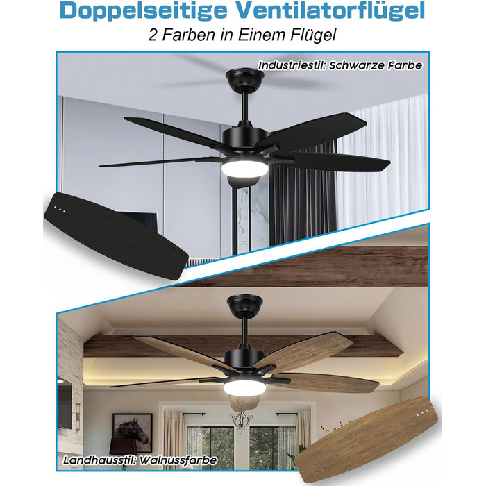 Стельовий вентилятор Airwit 106 см з підсвічуванням Двосторонні лопаті, Тихий стельовий вентилятор з підсвічуванням і пультом дист